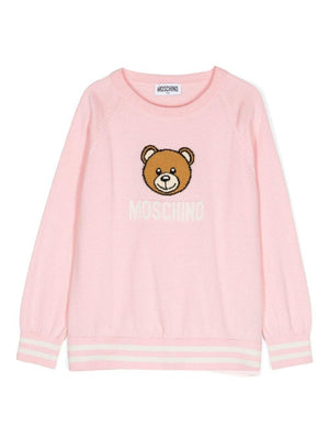Maglione per bambina Moschino Kids rosa con logo intarsiato e ricamo Teddy Bear