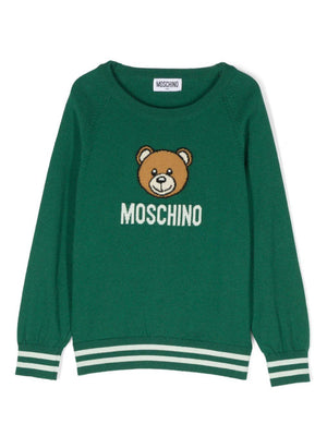 Maglione per bambina Moschino Kids verde con logo intarsiato e ricamo Teddy Bear