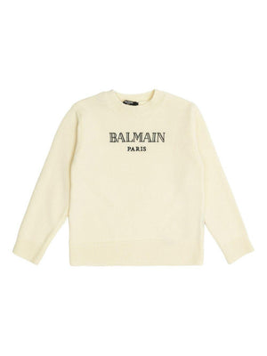 Maglione per bambino Balmain Kids beige con logo a intarsio e girocollo