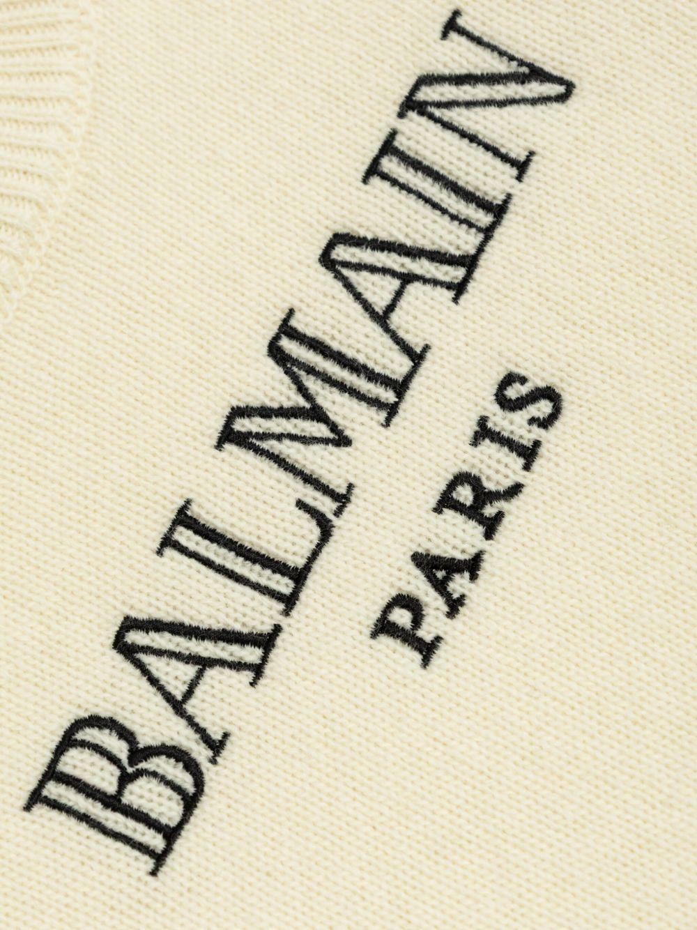 Maglione per bambino Balmain Kids beige con logo a intarsio e girocollo - Rubino Kids