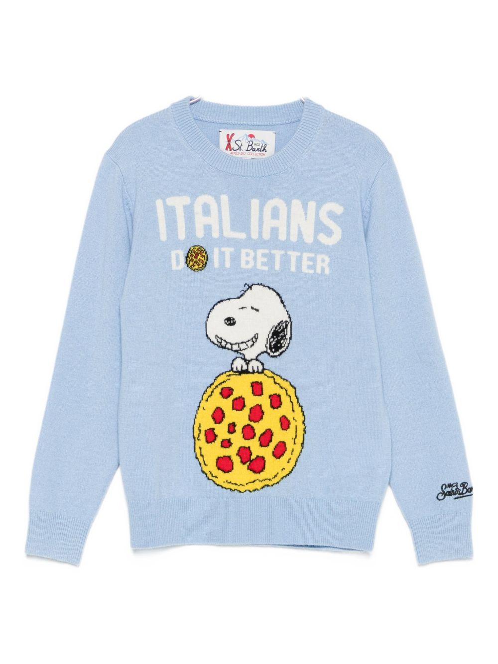 Maglione per bambino MC2 Saint Barth Kids azzurro con ricamo Snoopy e pizza - Rubino Kids