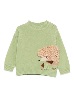 Green Owl baby sweater with hedgehog applique on the side