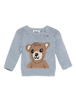 Molo baby sweater in blue with inlaid teddy bear