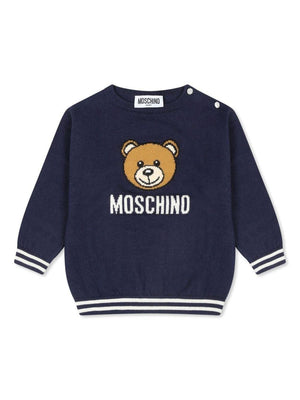 Moschino Kids blue baby sweater with Teddy Bear embroidery