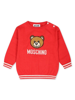 Moschino Kids red baby sweater with Teddy Bear embroidery