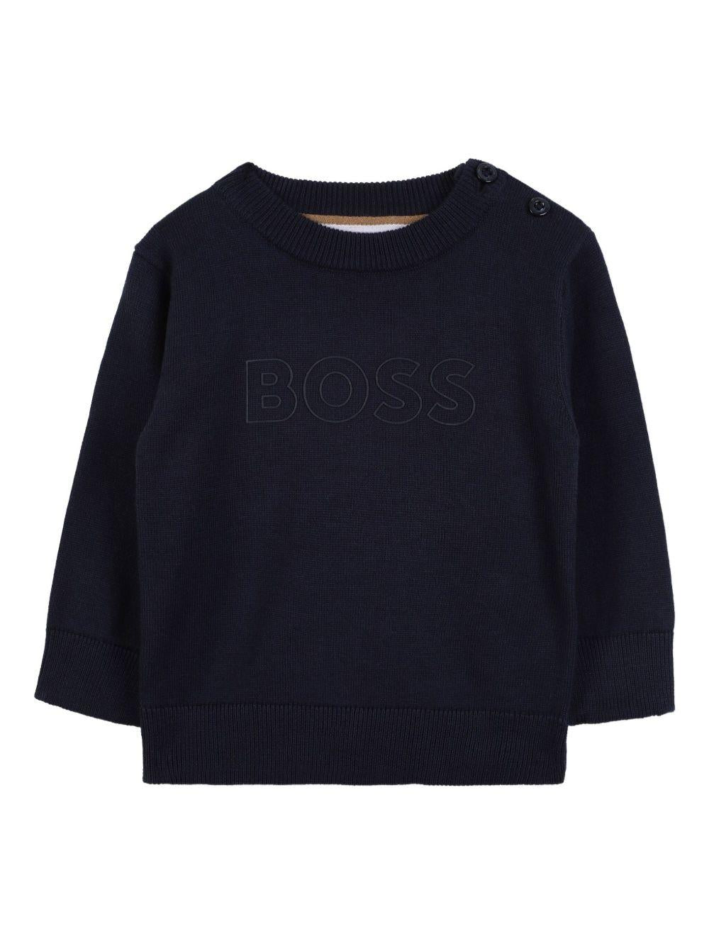Maglione per neonato BOSS Kidswear blu girocollo con logo ricamato - Rubino Kids