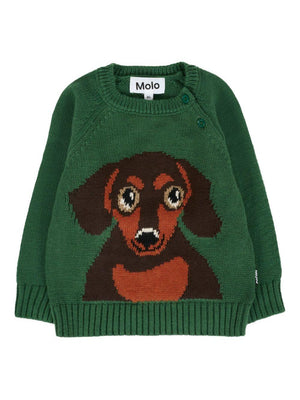 Molo Green Baby Sweater with Embroidered Dachshund