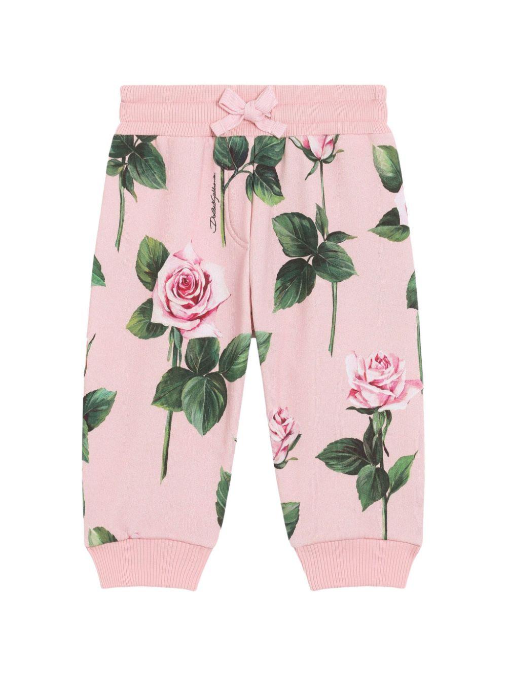 Pantaloni a fiori per neonata Dolce & Gabbana Kids rosa con orli a coste - Rubino Kids