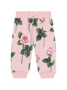 Pantaloni a fiori per neonata Dolce & Gabbana Kids rosa con orli a coste - Rubino Kids