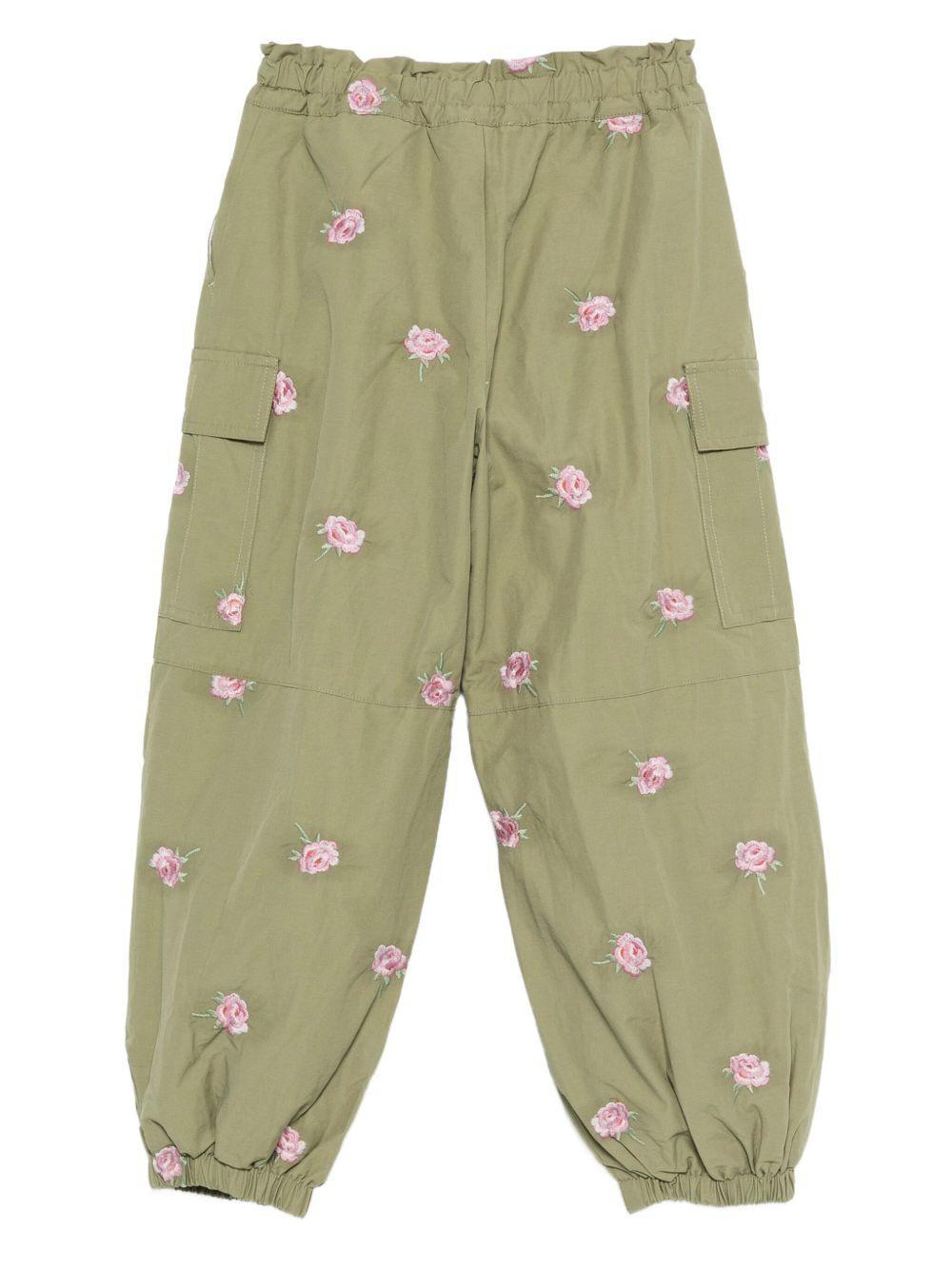 Pantaloni cargo per bambina Stella McCartney Kids verde con ricamo rose - Rubino Kids