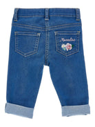 Pantaloni per neonata Monnalisa blu con ricamo a fiori - Rubino Kids
