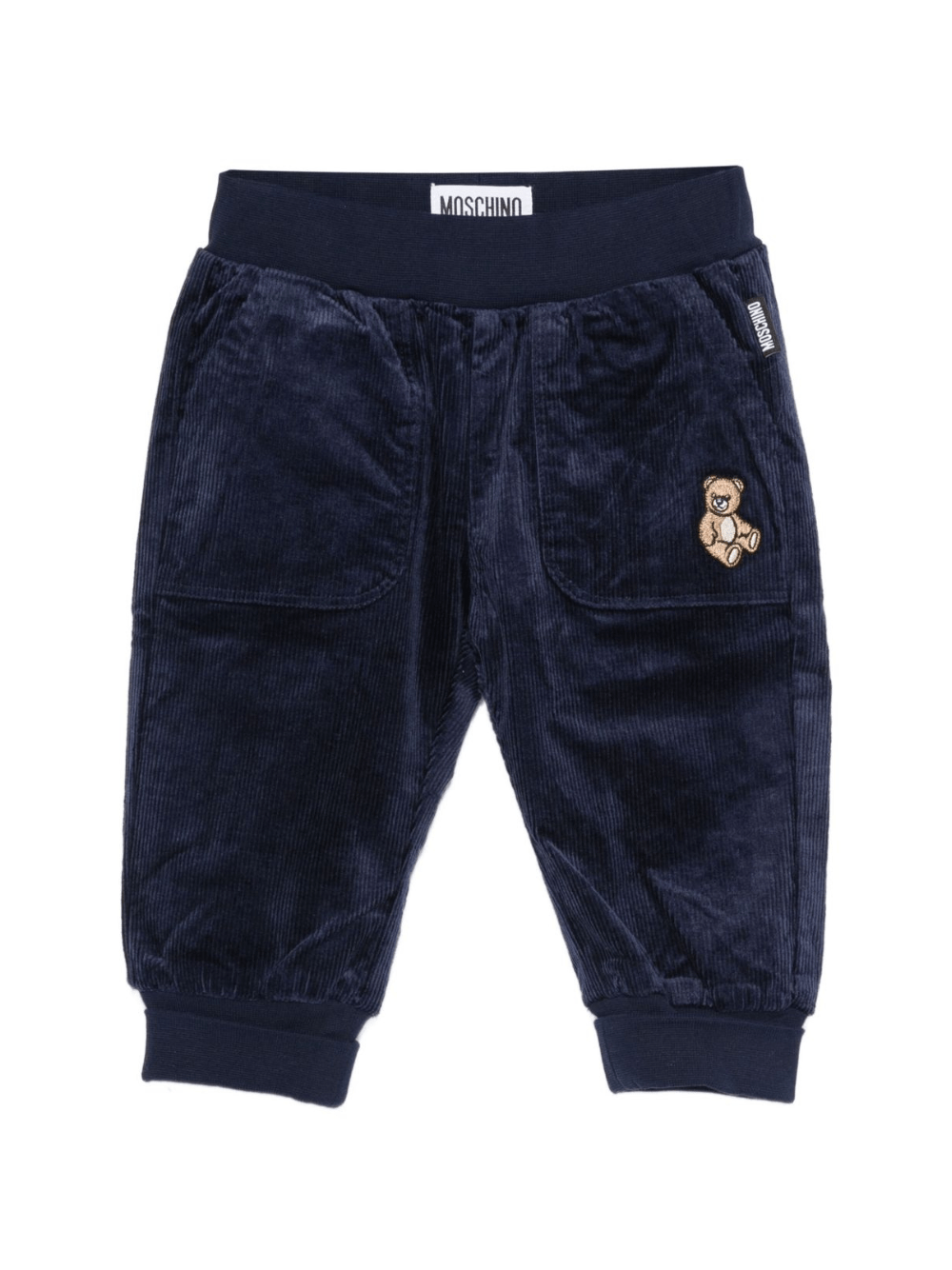 Pantaloni per neonato Moschino Kids blu di velluto a coste con ricami a forma di orsacchiotto - Rubino Kids