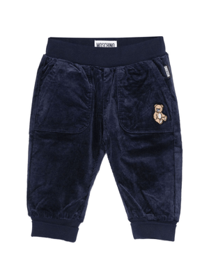 Pantaloni per neonato Moschino Kids blu di velluto a coste con ricami a forma di orsacchiotto