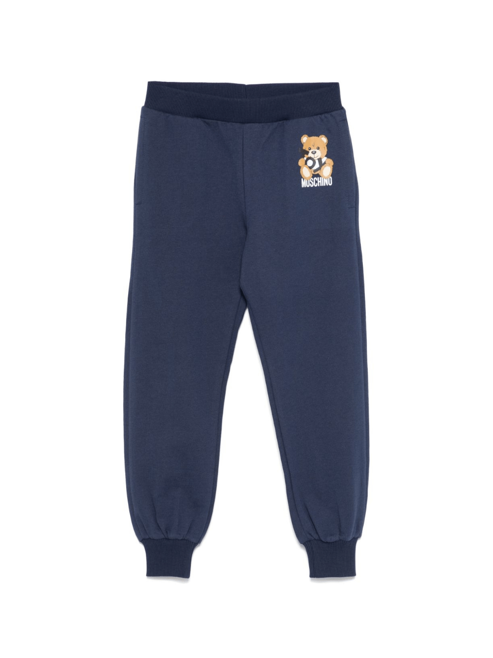 Pantaloni sportivi in cotone per bambino Moschino Kids blu con orli a coste - Rubino Kids