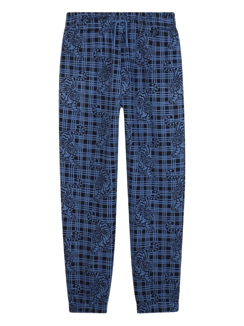 Pantaloni sportivi per bambino Kenzo Kids blu a quadri con stampa Tiger - Rubino Kids