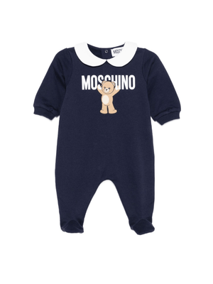 Pigiama per neonati Moschino Kids blu con stampa Teddy e colletto alla Peter Pan