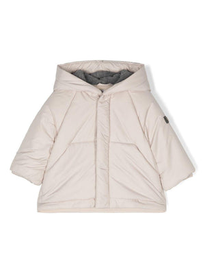 Beige Il Gufo down jacket with hood for newborns
