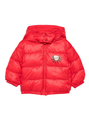 Moschino Kids red down jacket for newborns with logo print