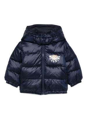Moschino Kids blue baby down jacket with logo print