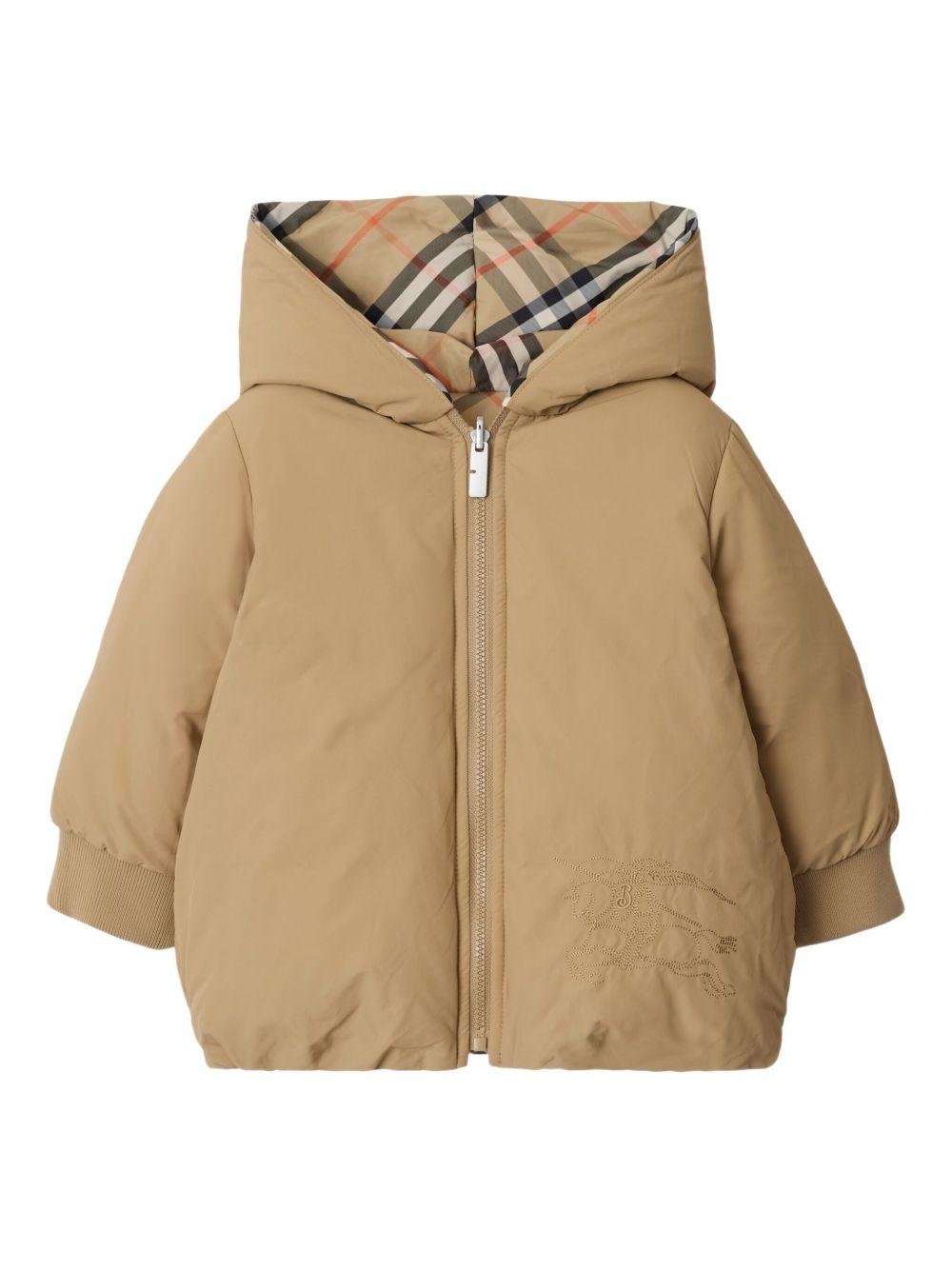 Burberry Kids Reversible Brown Checked Down Jacket for Babies