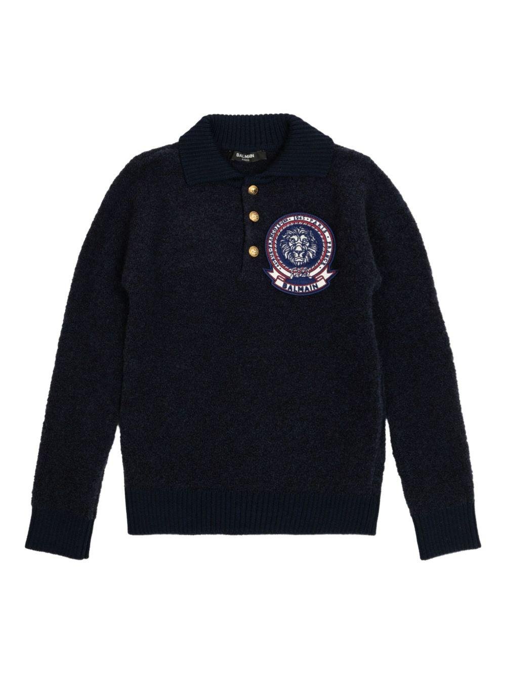 Polo in maglia per bambino Balmain Kids blu con falsatura frontale con abbottonatura - Rubino Kids