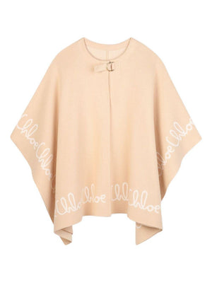 Poncho per bambina Chloé Kids beige con ricamo logo oversize