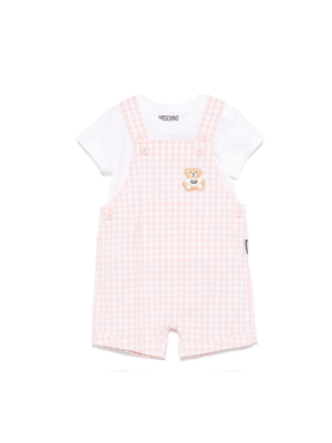 Salopette a quadretti per neonata Moschino Kids rosa con tasca frontale a marsupio