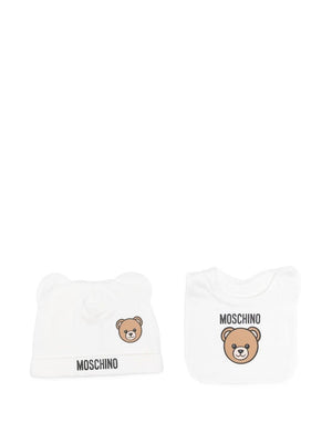 Moschino Kids white hat and bib set with print