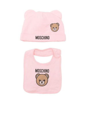 Moschino Kids pink hat and bib set for baby girls with Teddy Bear motif