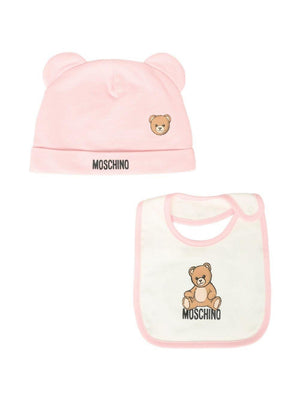 Set berretto e bavaglino per neonata Moschino Kids rosa con motivo Teddy Bear