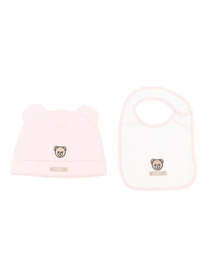 Moschino Kids pink hat and bib set for baby girls with Teddy Bear motif