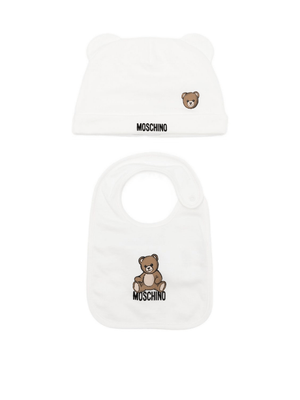 Set berretto e bavaglino per neonati Moschino Kids bianco con motivo Teddy Bear