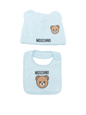 Moschino Kids baby hat and bib set in light blue with Teddy Bear motif