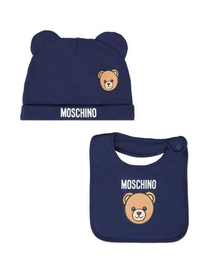 Moschino Kids blue baby hat and bib set with teddy bear motif