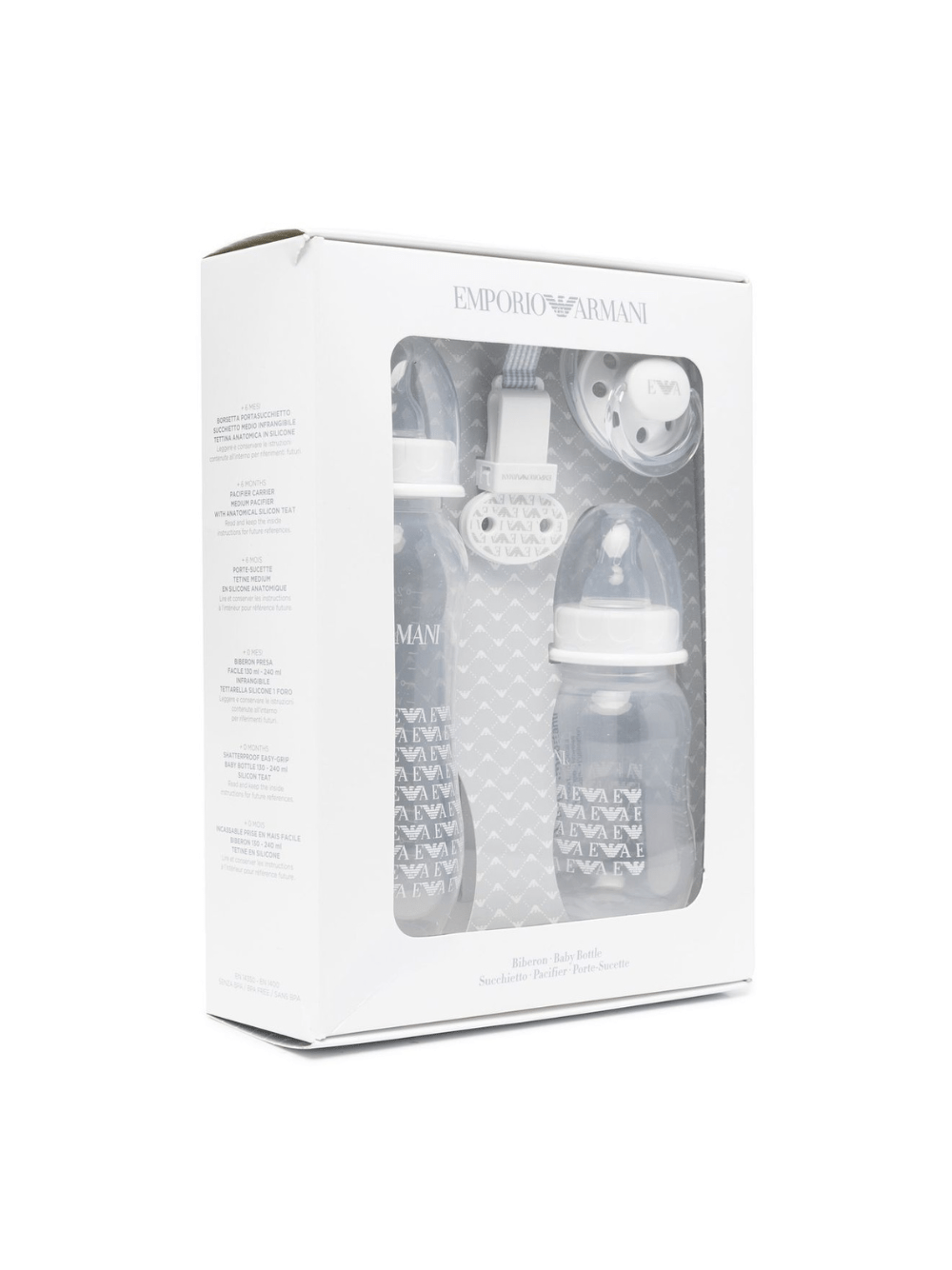 Set biberon e ciuccio per neonati Emporio Armani Kids bianco con stampa - Rubino Kids