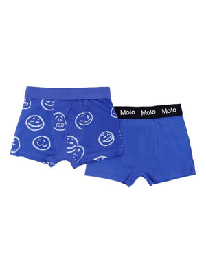 Molo blue Justin boxer set for boys with smiley print and elasticated waist with logo