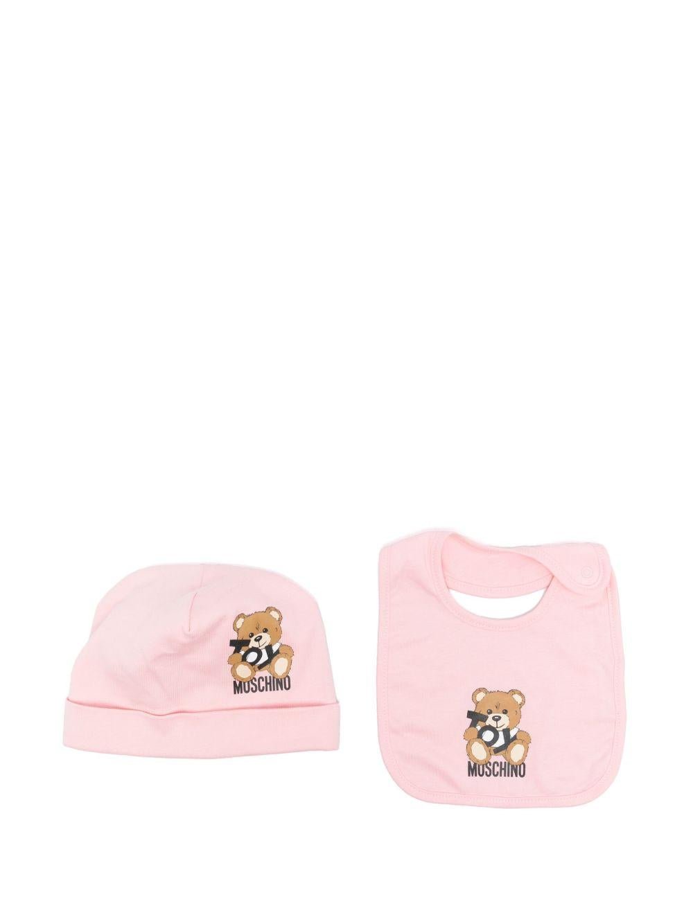Set cappellino e bavaglino per neonata Moschino Kids rosa con stampa logo e Teddy Bear - Rubino Kids