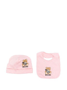 Set cappellino e bavaglino per neonata Moschino Kids rosa con stampa logo e Teddy Bear - Rubino Kids