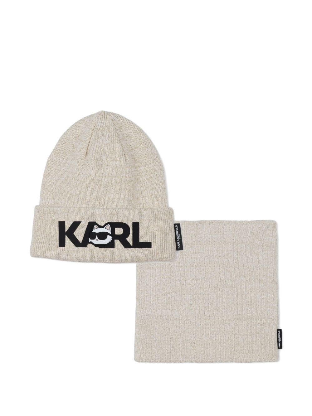 Set cappello e sciarpa per bambini beige in cotone con logo ovesize - Rubino Kids