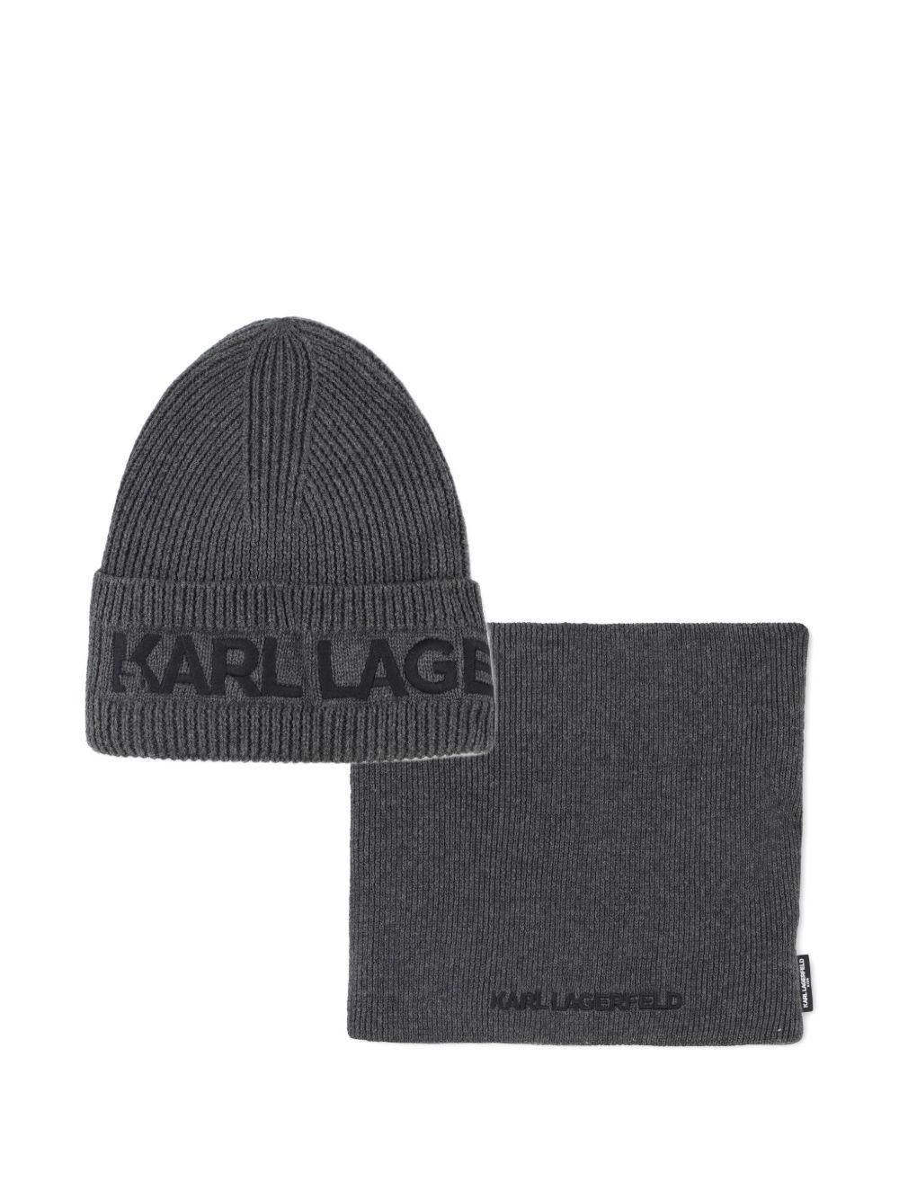 Set cappello e sciarpa per bambini Karl Lagerfeld Kids grigi con motivo a coste - Rubino Kids