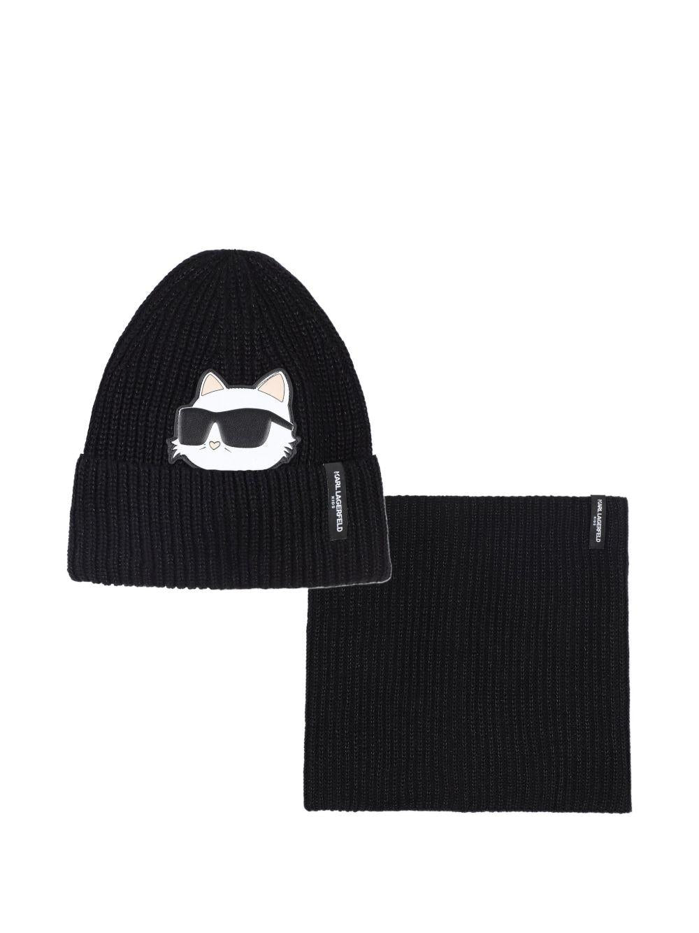 Set cappello e sciarpa per bambini Karl Lagerfeld neri con motivo con gatto - Rubino Kids