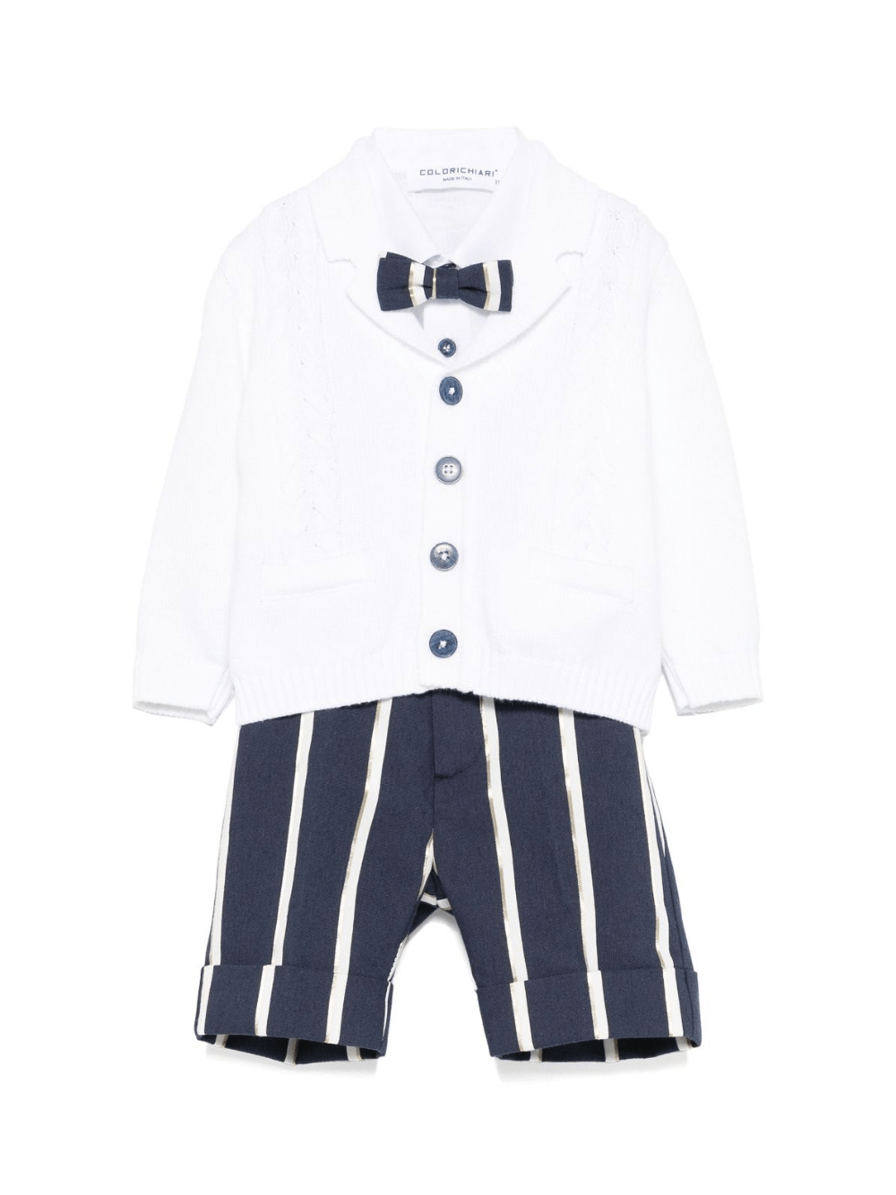 Set cardigan, camicia e shorts per neonato Colorichiari blu e bianco a righe - Rubino Kids