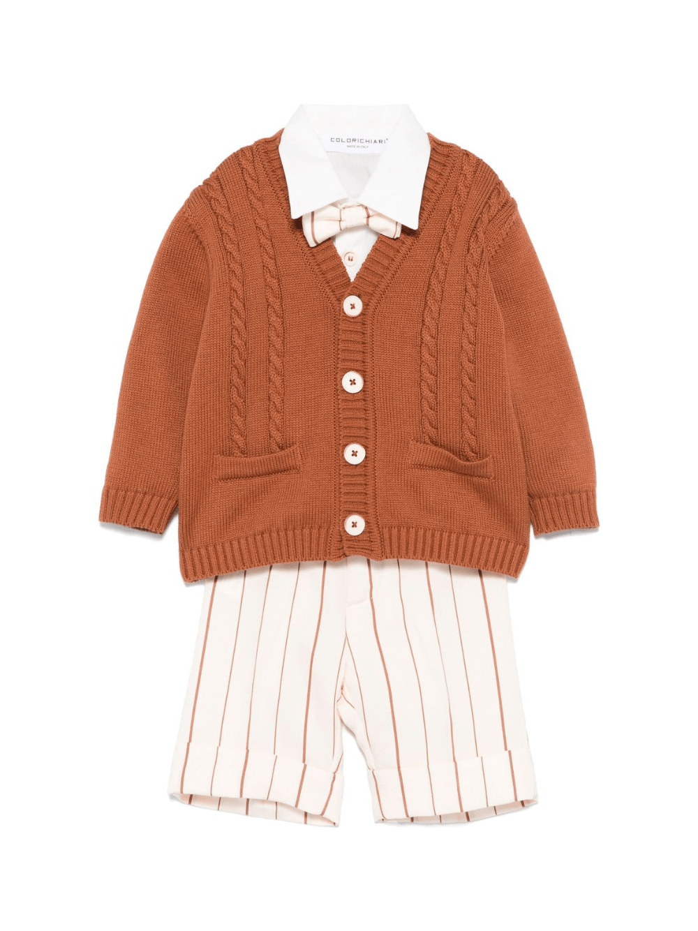 Set cardigan, camicia e shorts per neonato Colorichiari marrone e beige a righe - Rubino Kids