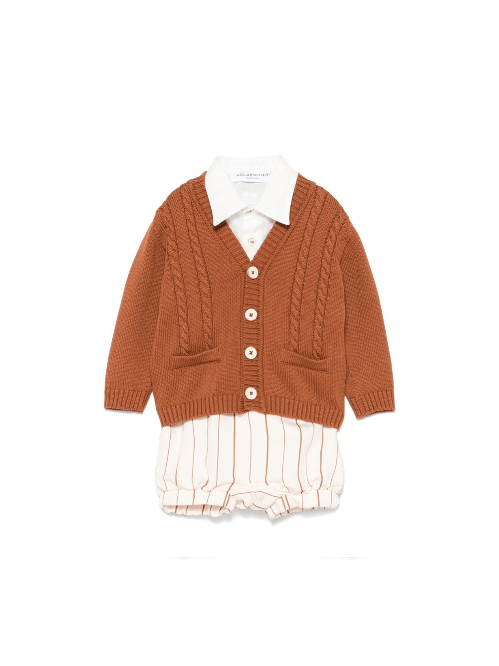 Set cardigan, camicia e shorts per neonato Colorichiari marrone e beige a righe - Rubino Kids