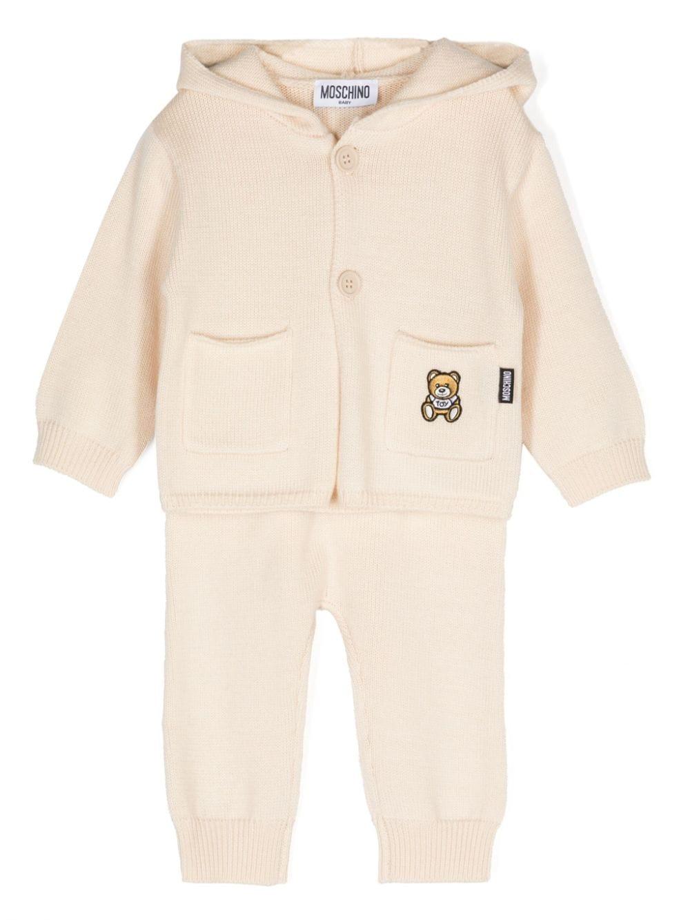 Set cardigan e pantaloni per neonati Moschino Kids beige con design lavorato a maglia - Rubino Kids