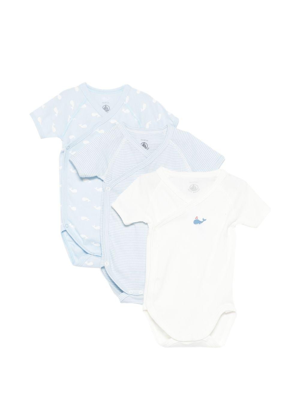 Set di tre tutine per neonato Petit Bateau azzurre con motivo balene - Rubino Kids