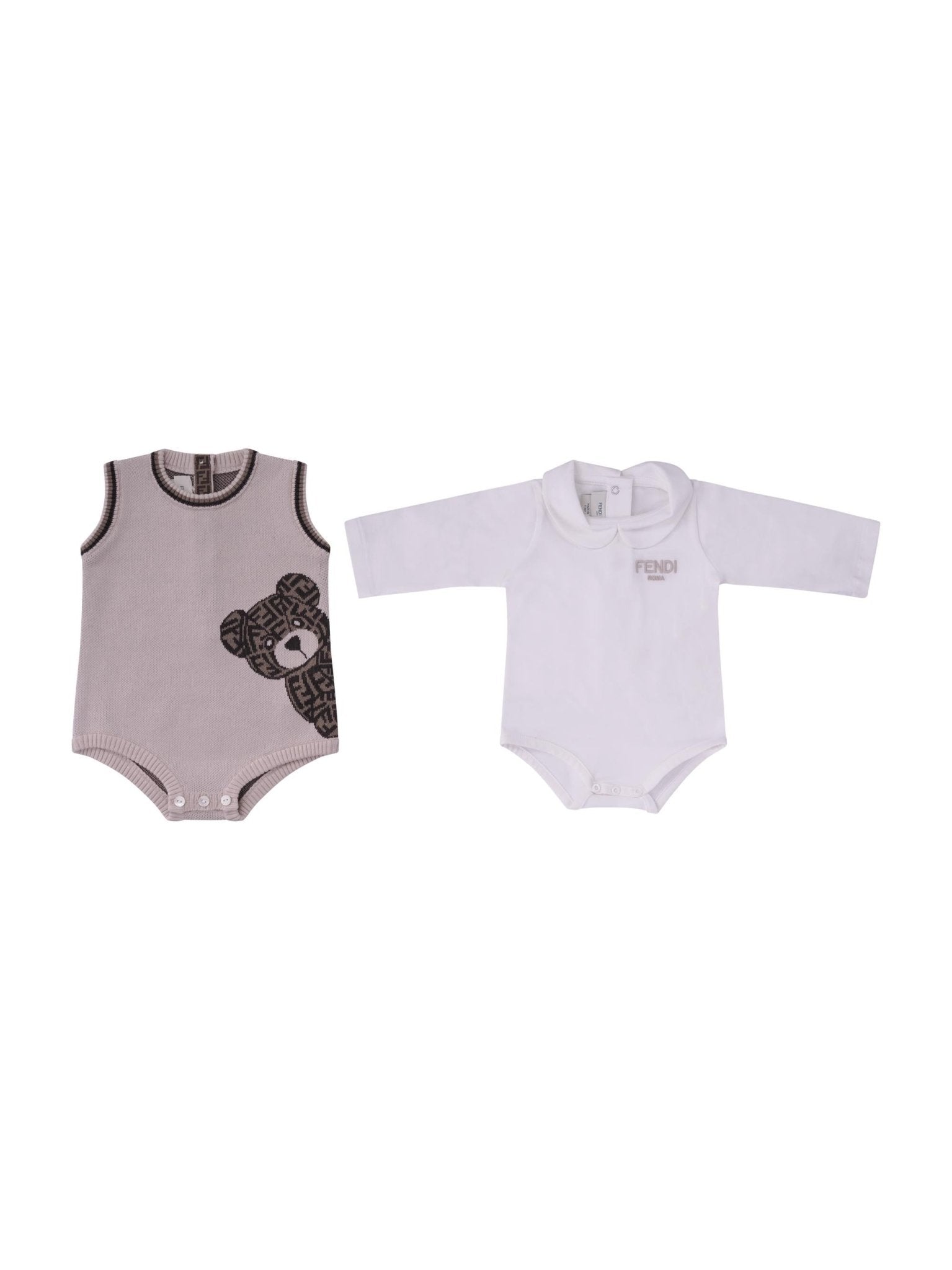 Set due pezzi per neonati Fendi Kids beige con ricamo orsetto sul davanti con logo FF - Rubino Kids