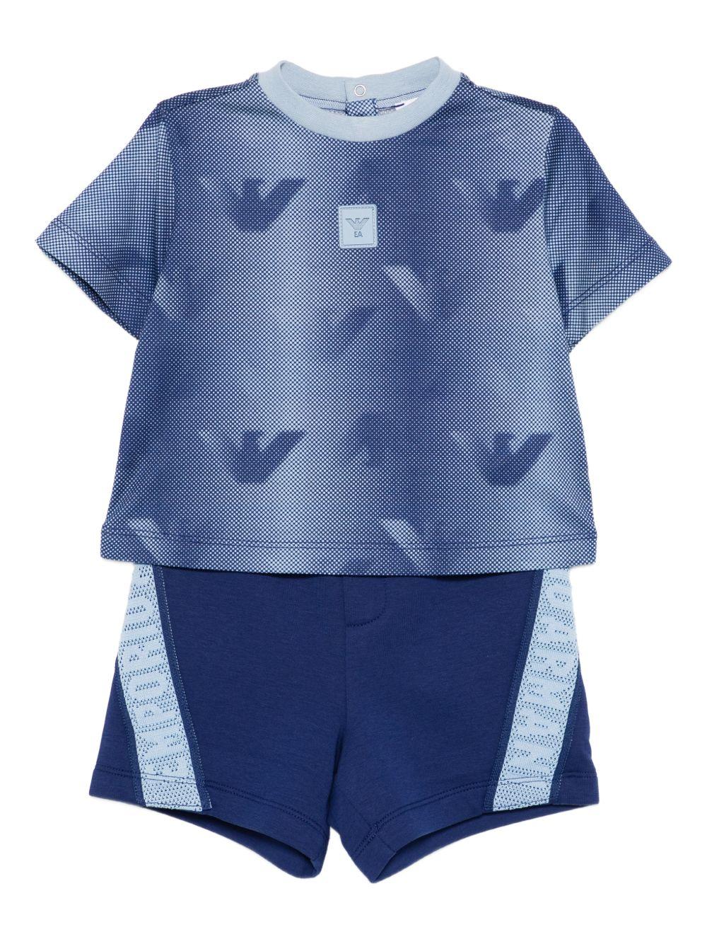 Set due pezzi per neonato Emporio Armani Kids blu con stampa logo Aquila all - over - Rubino Kids