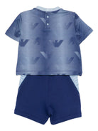 Set due pezzi per neonato Emporio Armani Kids blu con stampa logo Aquila all - over - Rubino Kids