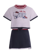 Set due pezzi t-shirt gonna plissettata per bambina Monnalisa blu con stampa grafica sul davanti - Rubino Kids